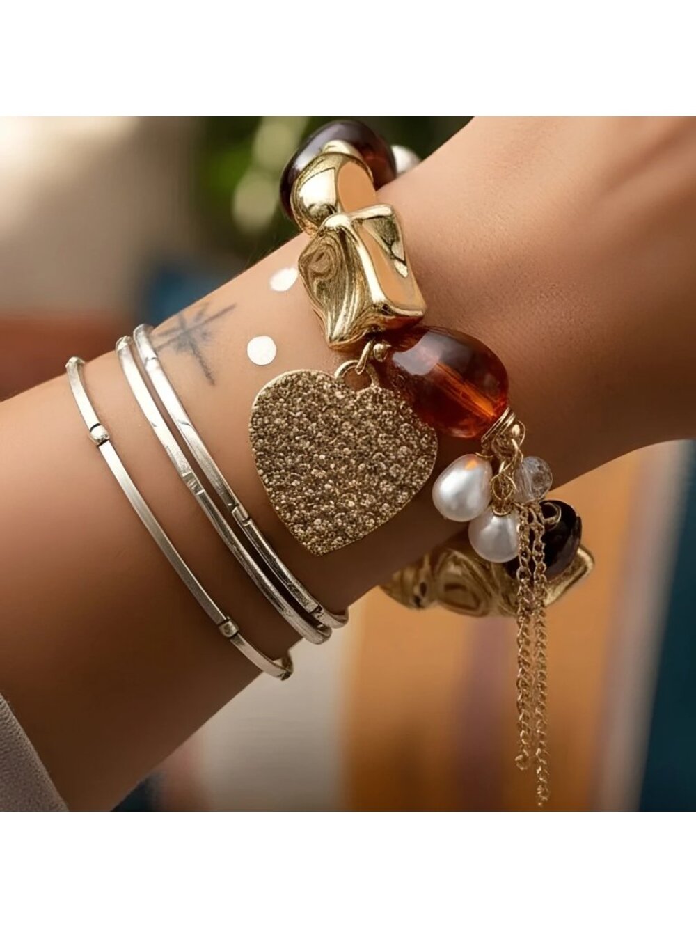 NEW Charm Bracelet Gold Rhinestone Heart Pebble Stone Beaded Boho Stretch